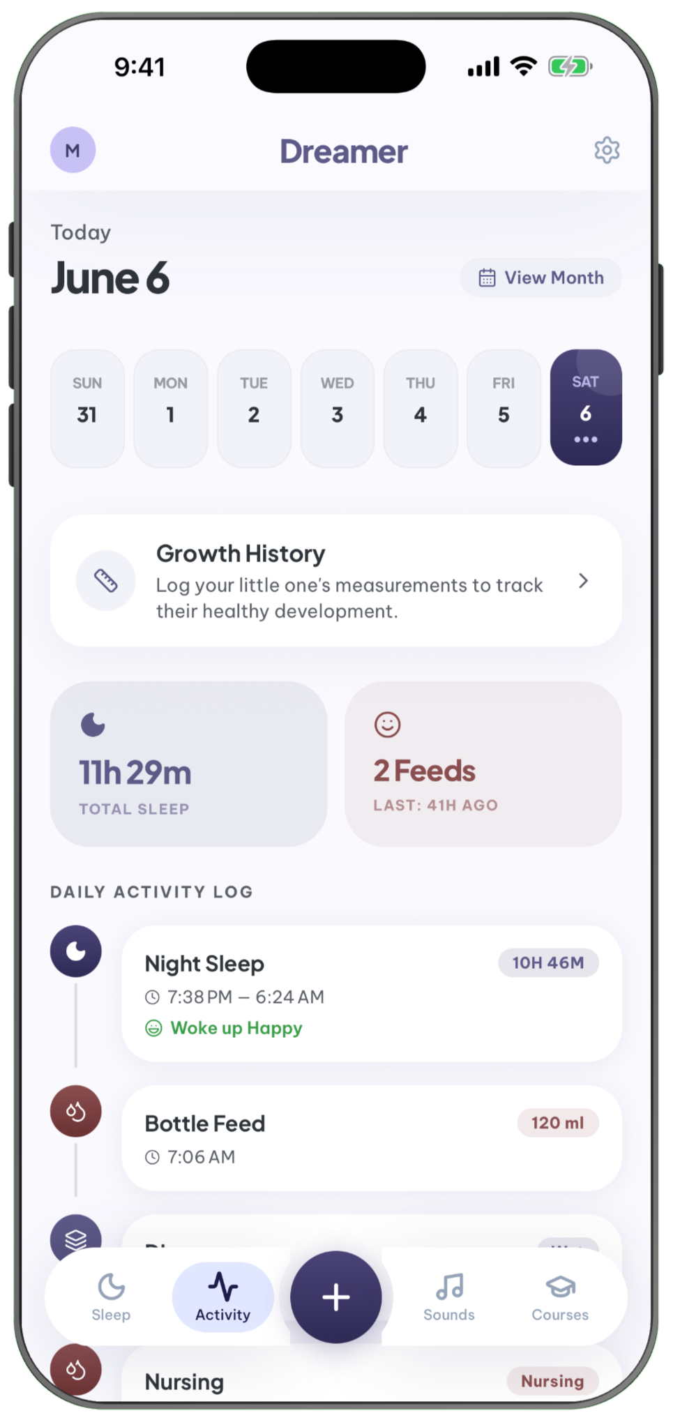 Dreamer activity timeline showing daily rhythm, naps, and bedtime