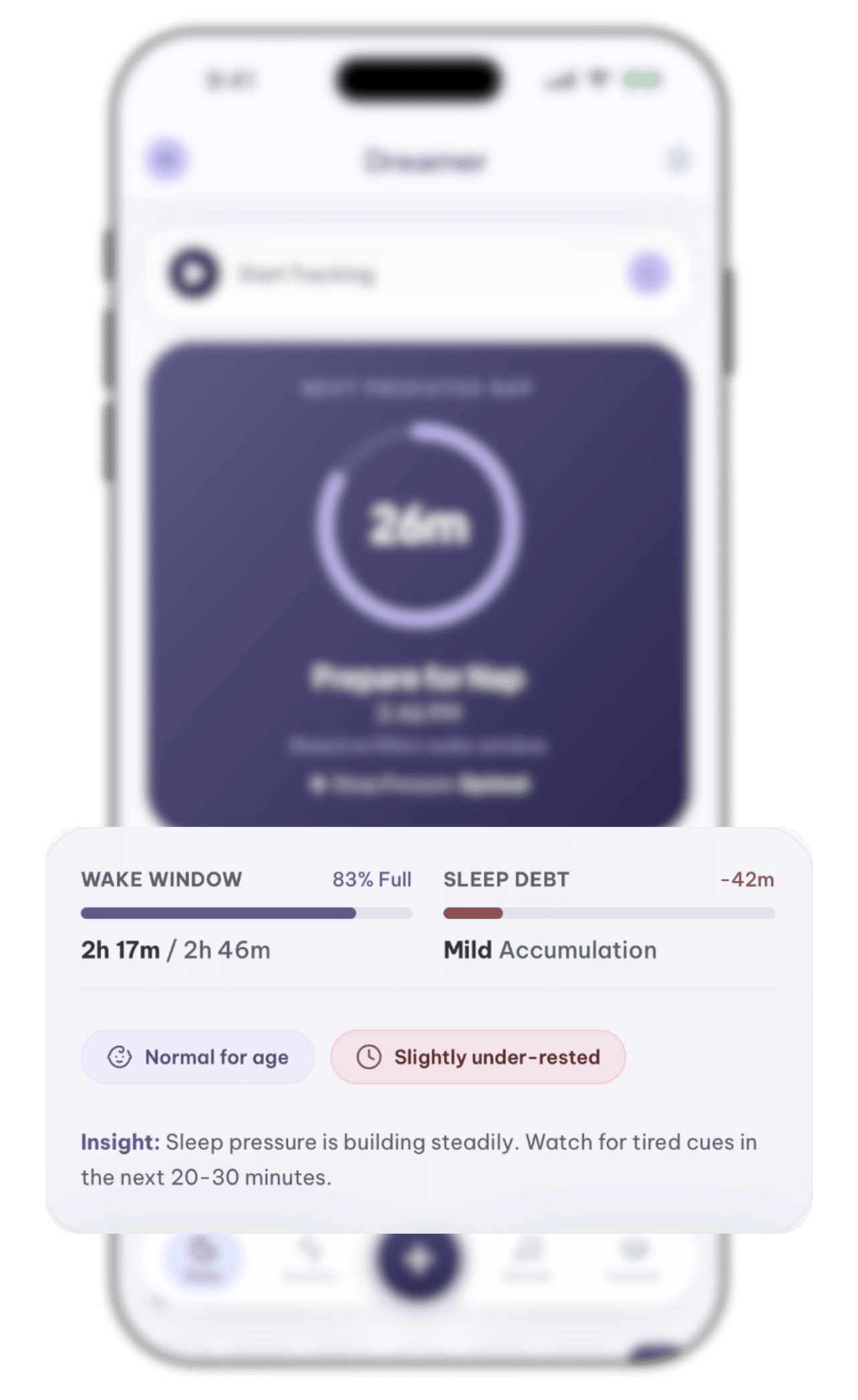 Dreamer sleep analysis showing wake window, sleep debt, and personalized insight