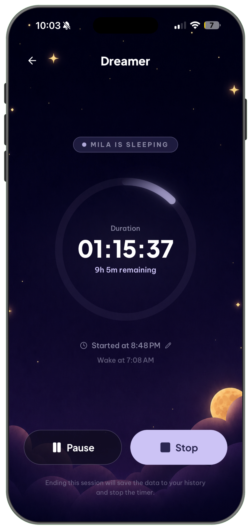 Dreamer sleep tracking dashboard showing total sleep, bedtime, and wake-ups