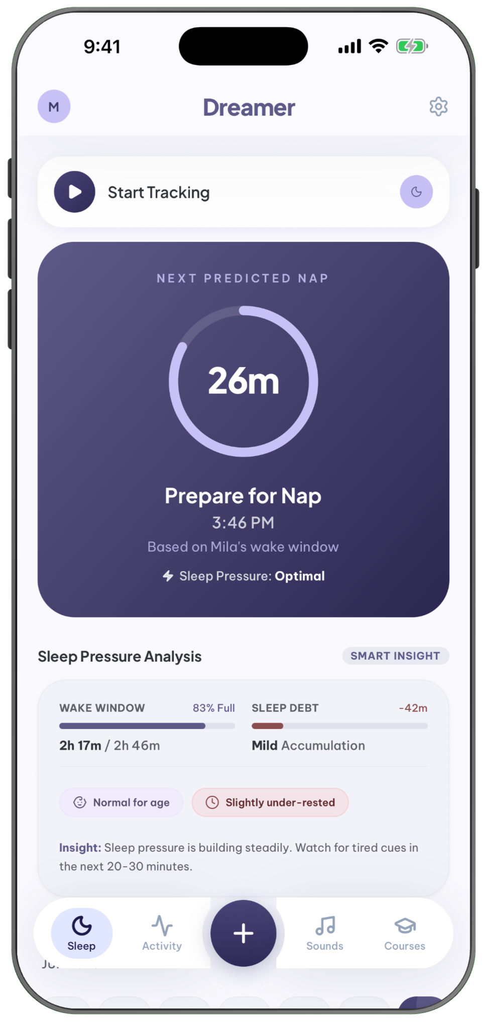Dreamer app showing next nap prediction and sleep pressure analysis